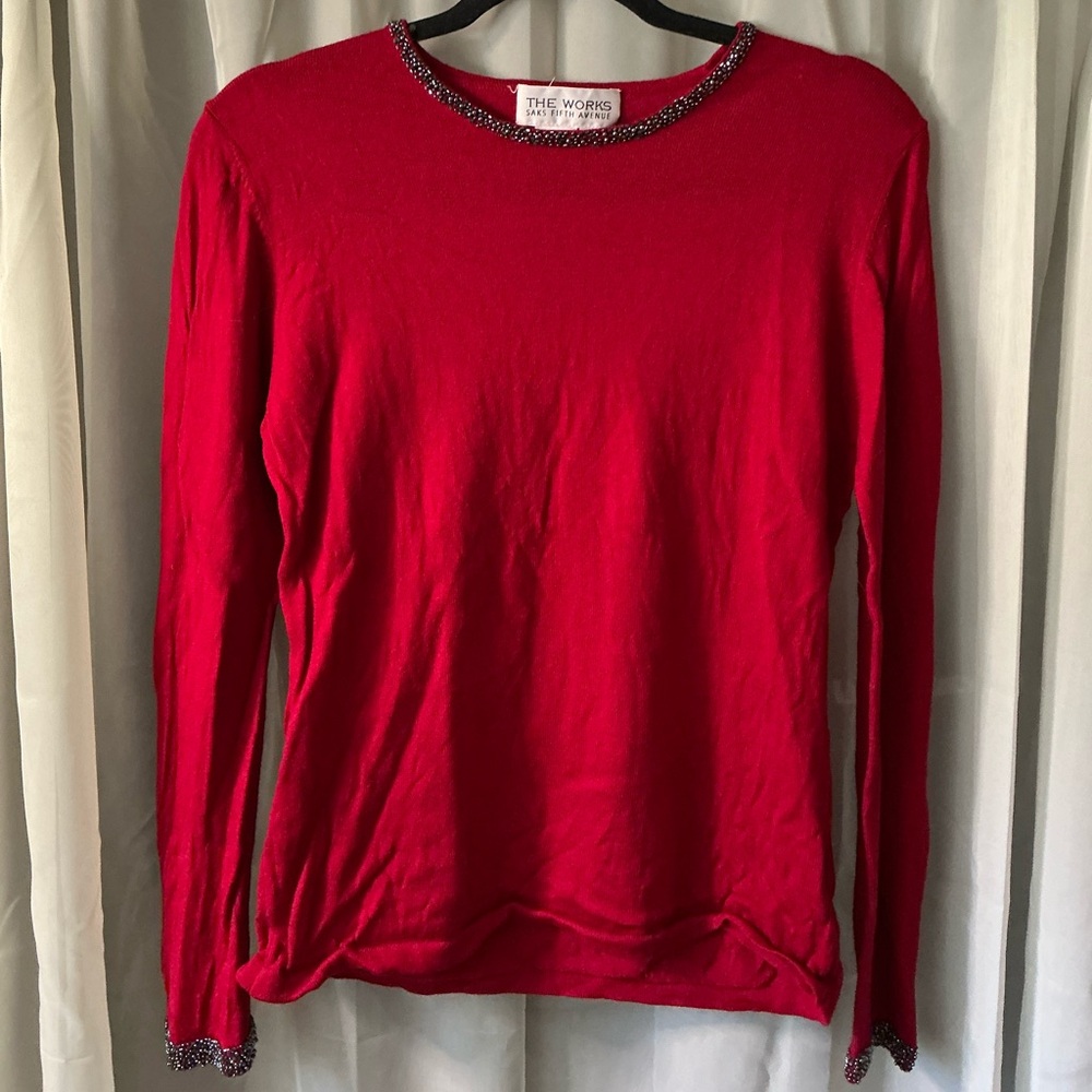 Saks Fifth Avenue Red Long Sleeve rhinestone trip top size m